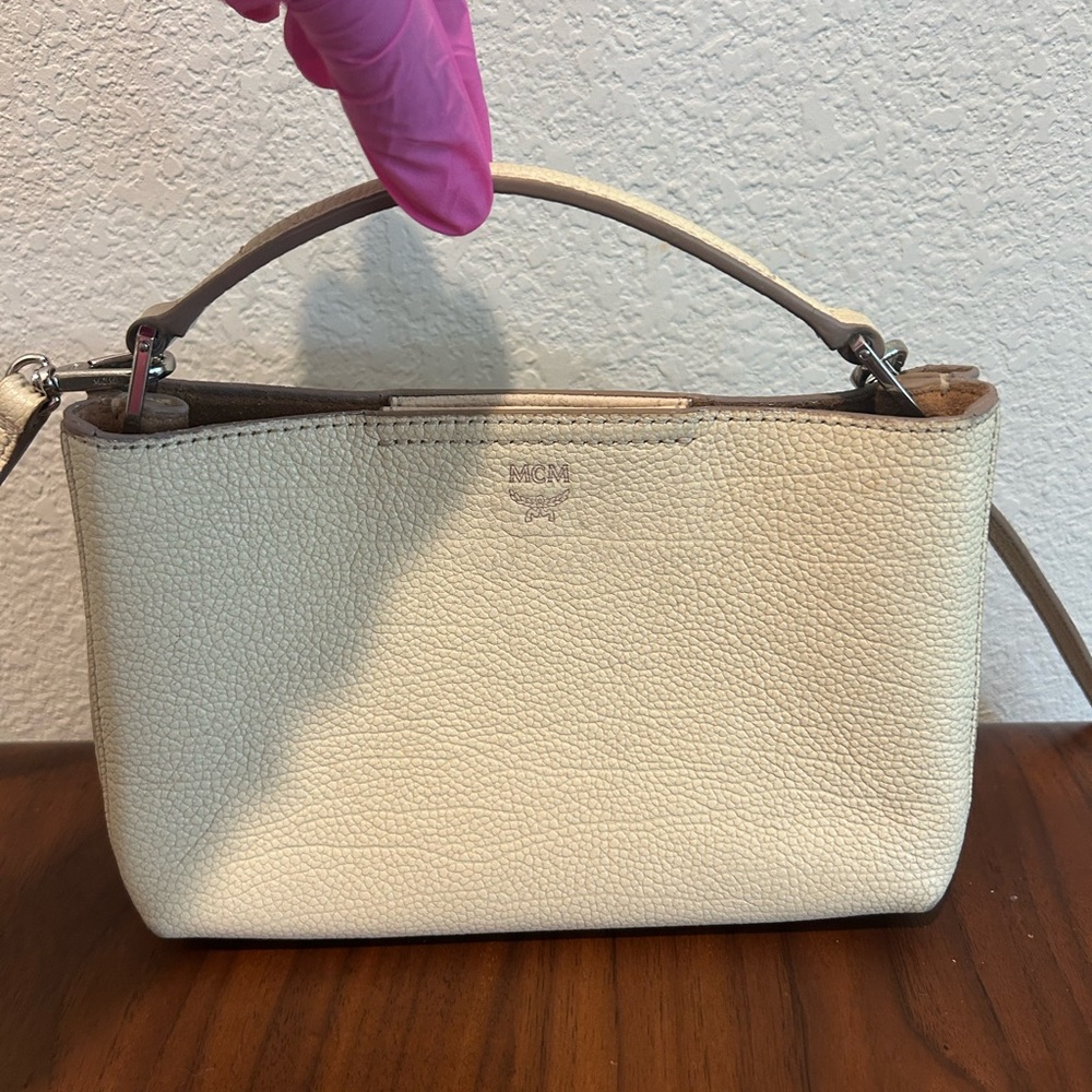 MCM Cream Leather Top-Handle Crossbody Bag